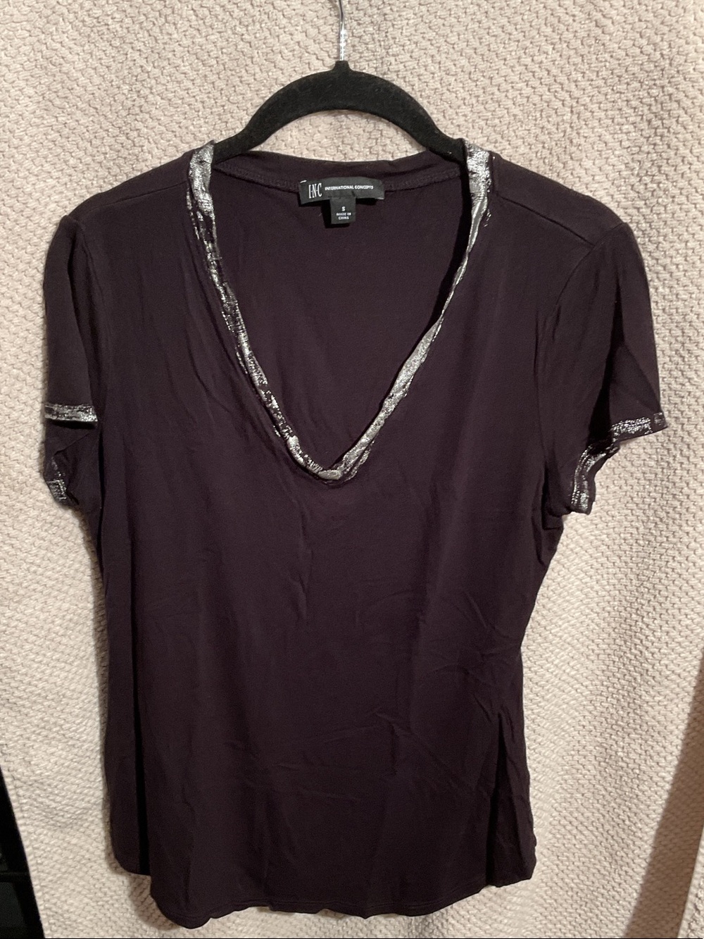 INC International Concepts Dark Plum V-Neck Tee with Metallic Trim
